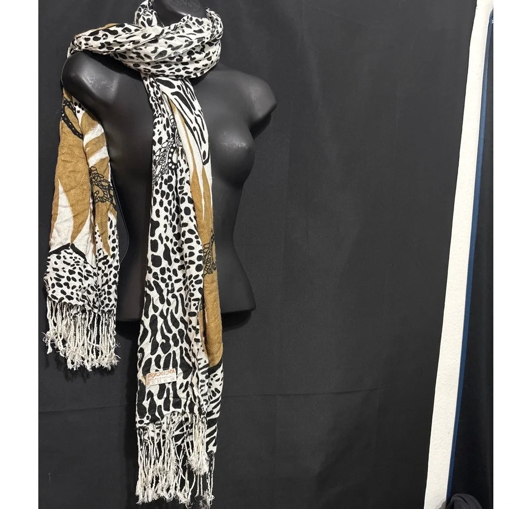 Pashmina Leopard Zebra Print Scarf Black Tan White Fringed Wrap Shawl 80 Inch